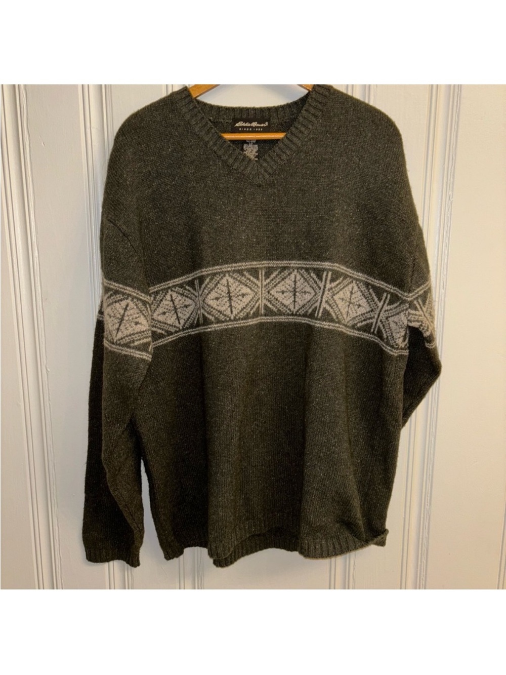 Eddie Bauer Fair Isle Olive green crewneck sweater wool blend ski woods fall